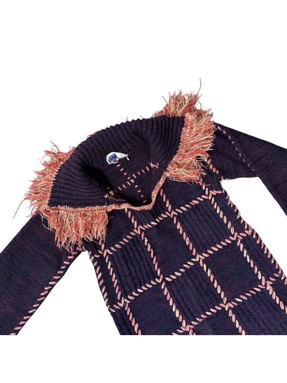 Vintage Sweater 1970s Bobbie Brooks Purple Orange Fringe Bell Sleeves Grid Retro